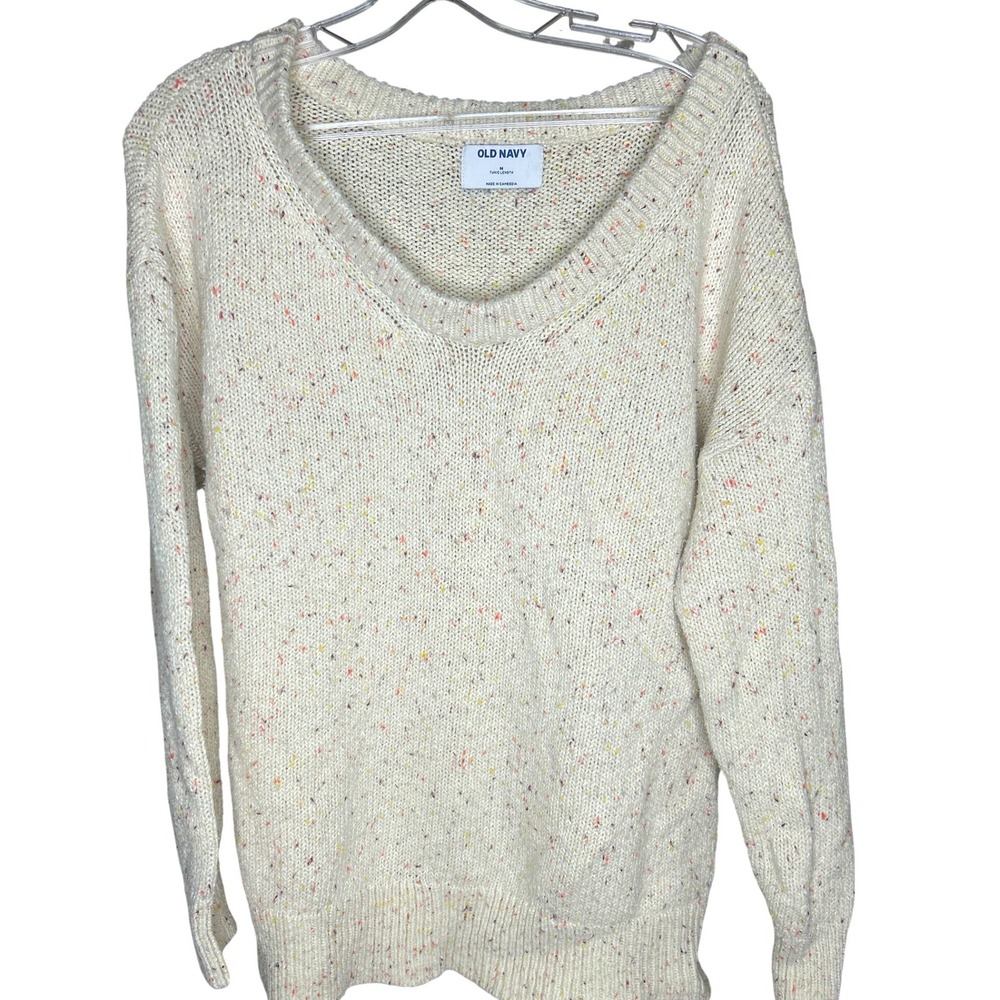 Old Navy Womens Medium Cream Confetti Speckled Tunic Scoop Neck Knit‎ Sweater M